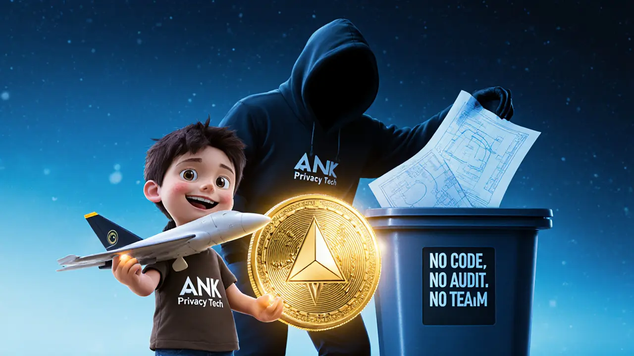 A child holds a toy ANK jet beside a real Monero coin, while a shadowy figure discards blueprints labeled 'No Code, No Audit'.