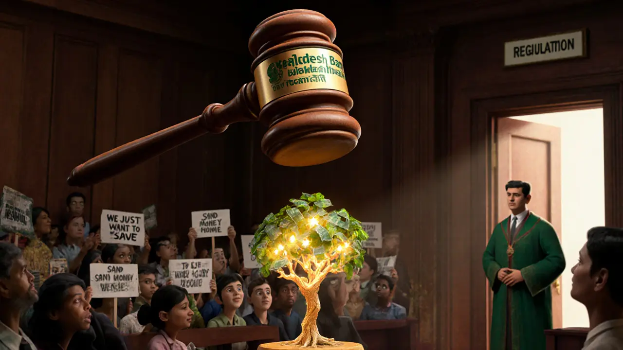 A courtroom with a blockchain tree and citizens demanding financial freedom.