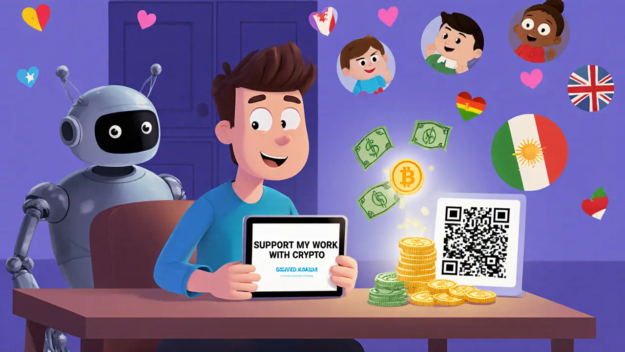 A creator using a simple crypto payment link with a helpful robot converting crypto to cash.