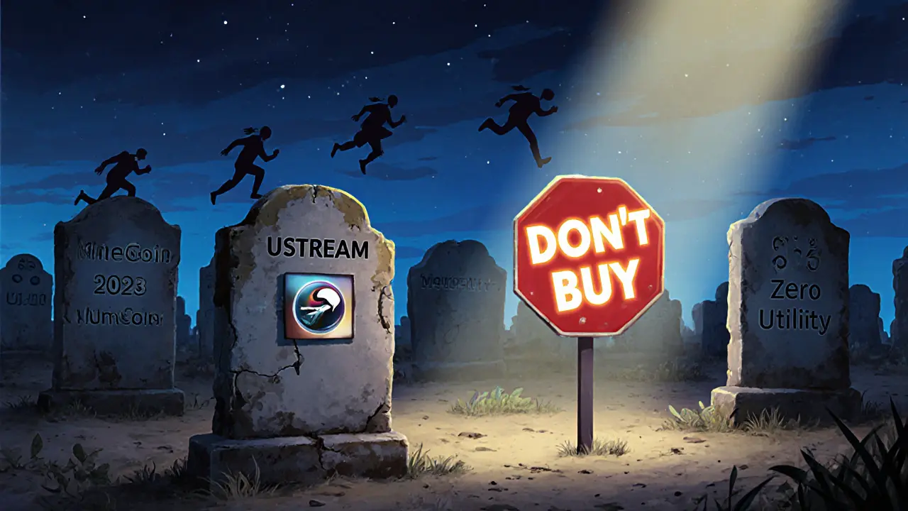 A digital graveyard of forgotten crypto tokens with a &#039;DON&#039;T BUY&#039; sign glowing in the foreground.