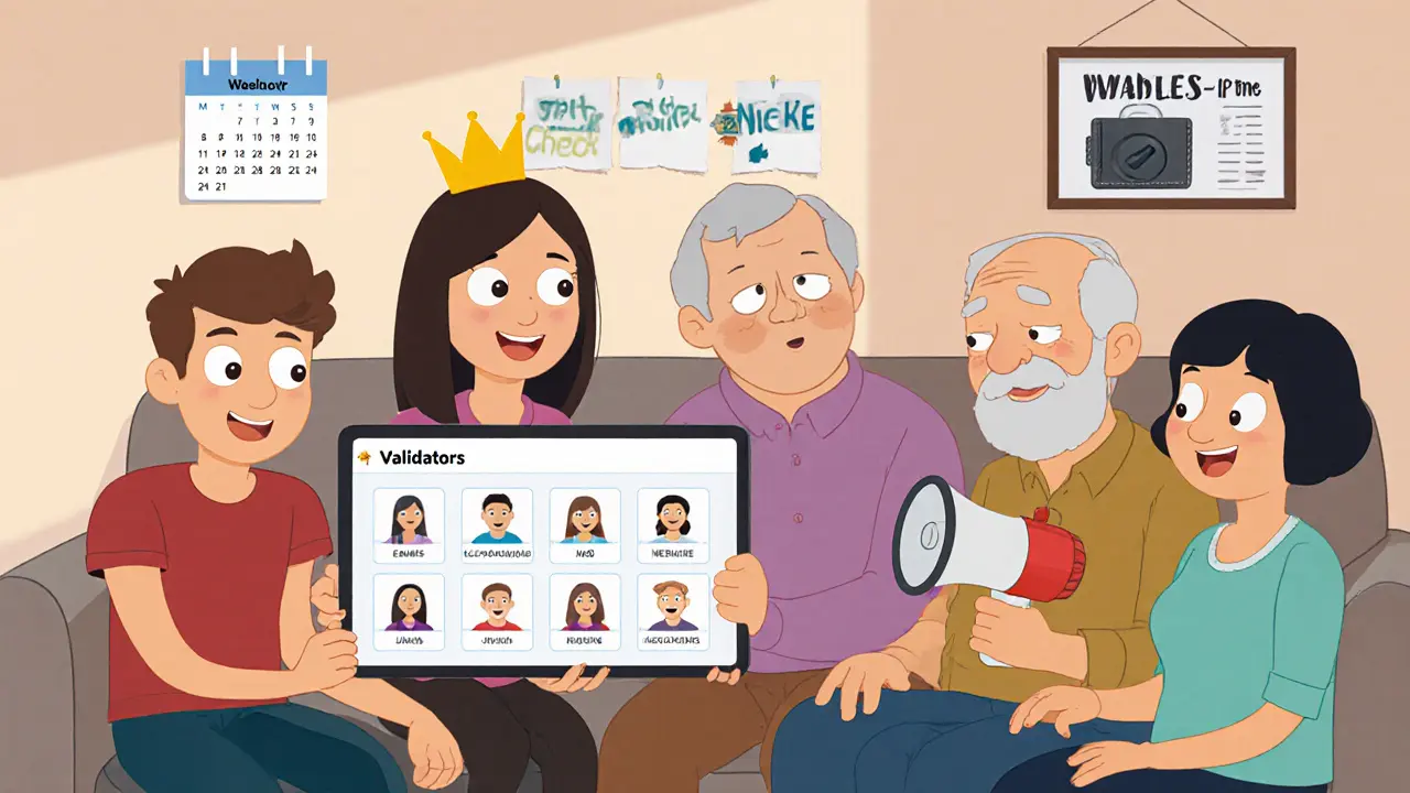 A family reviews validator dashboard on a tablet, each validator as a friendly character.