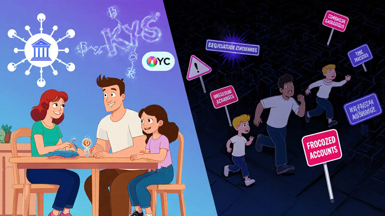 A family safely using regulated exchanges while a dark version is chased by legal warnings.