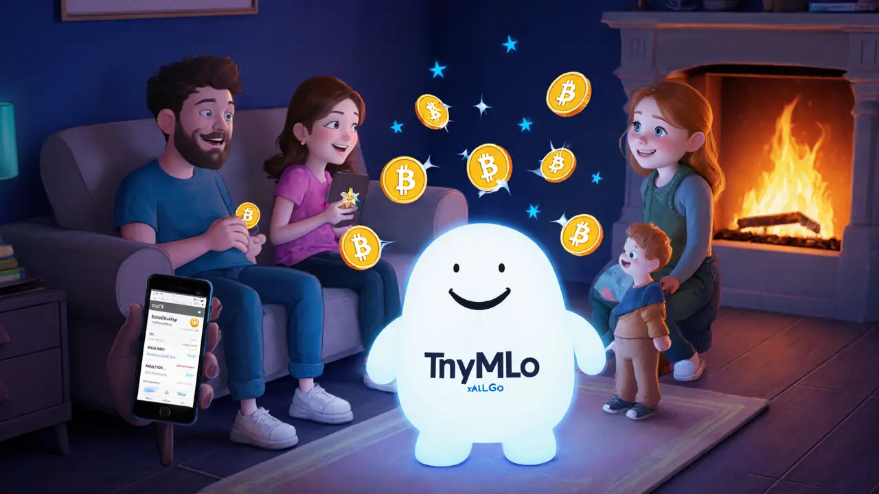 A family staking tokens into a friendly liquidity pool creature that emits reward stars in a cozy DeFi living room.