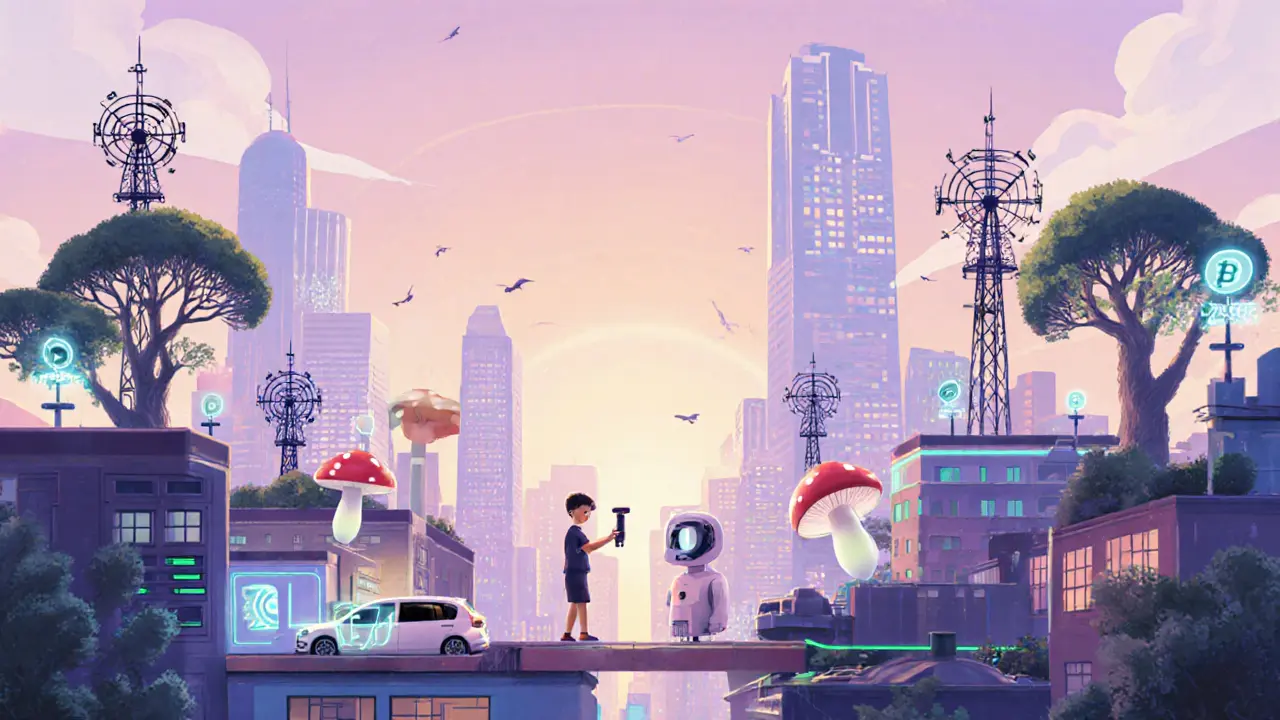 A futuristic city powered by decentralized sensors and nodes instead of corporate towers.