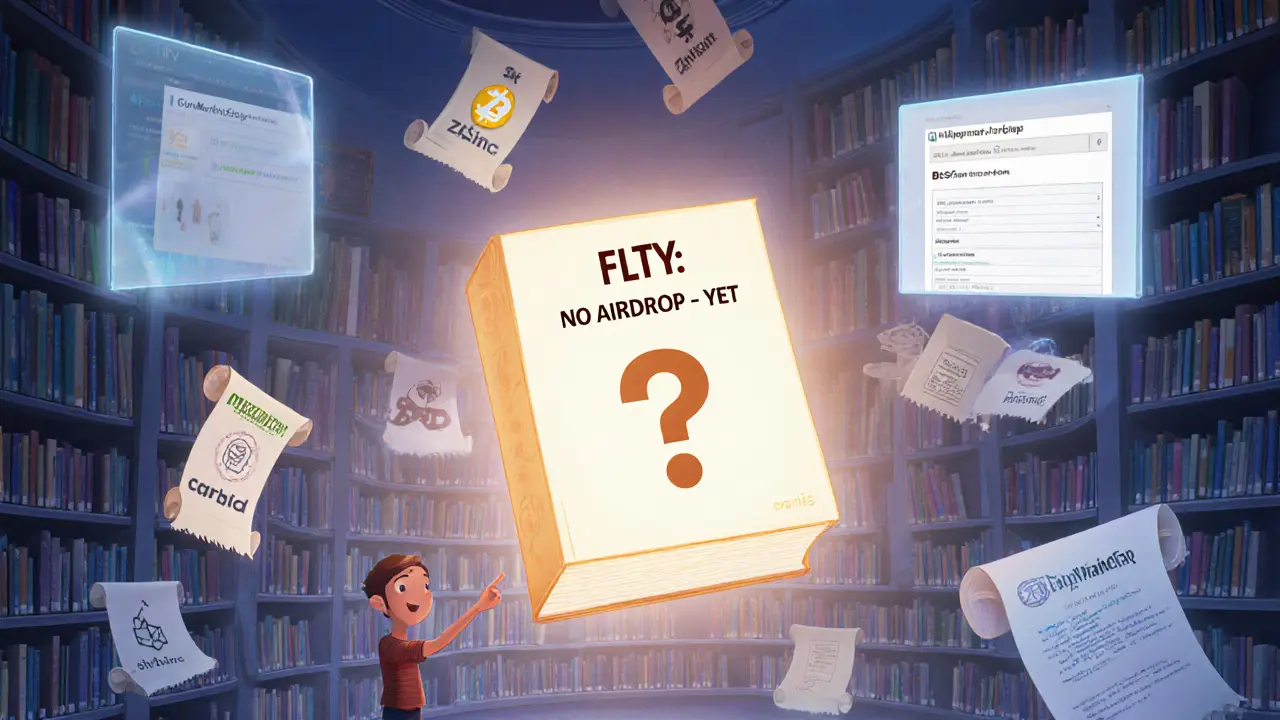A futuristic library displays real DeFi projects, with a closed book labeled FLTY: No Airdrop - Yet.