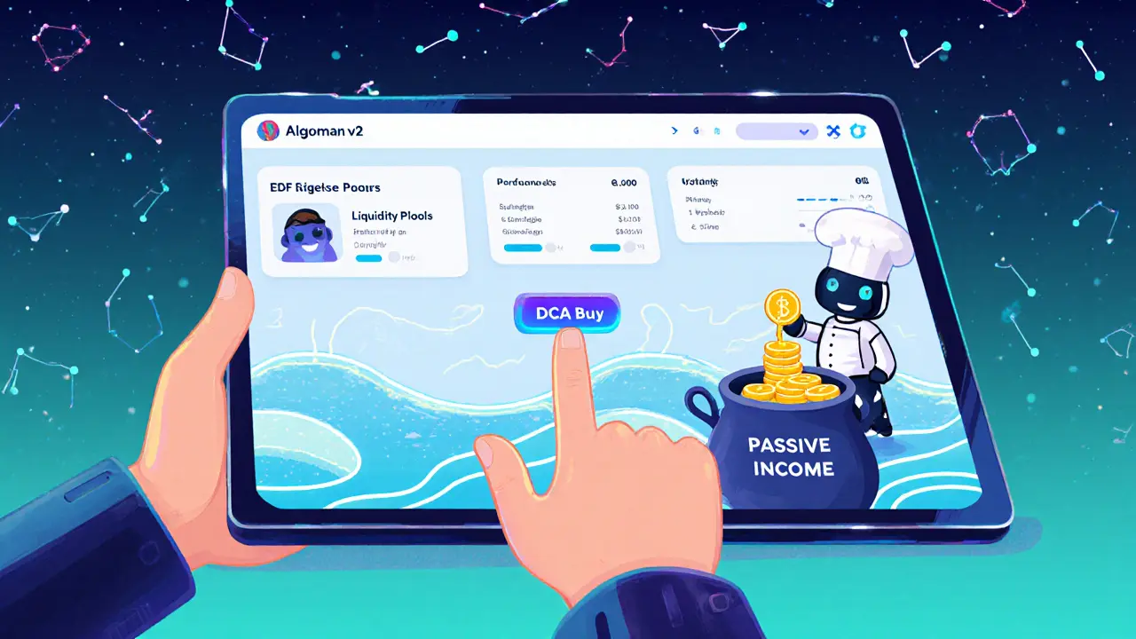 A futuristic tablet showing Tinyman v2 with glowing liquidity pools and a robot chef adding coins to a passive income pot.