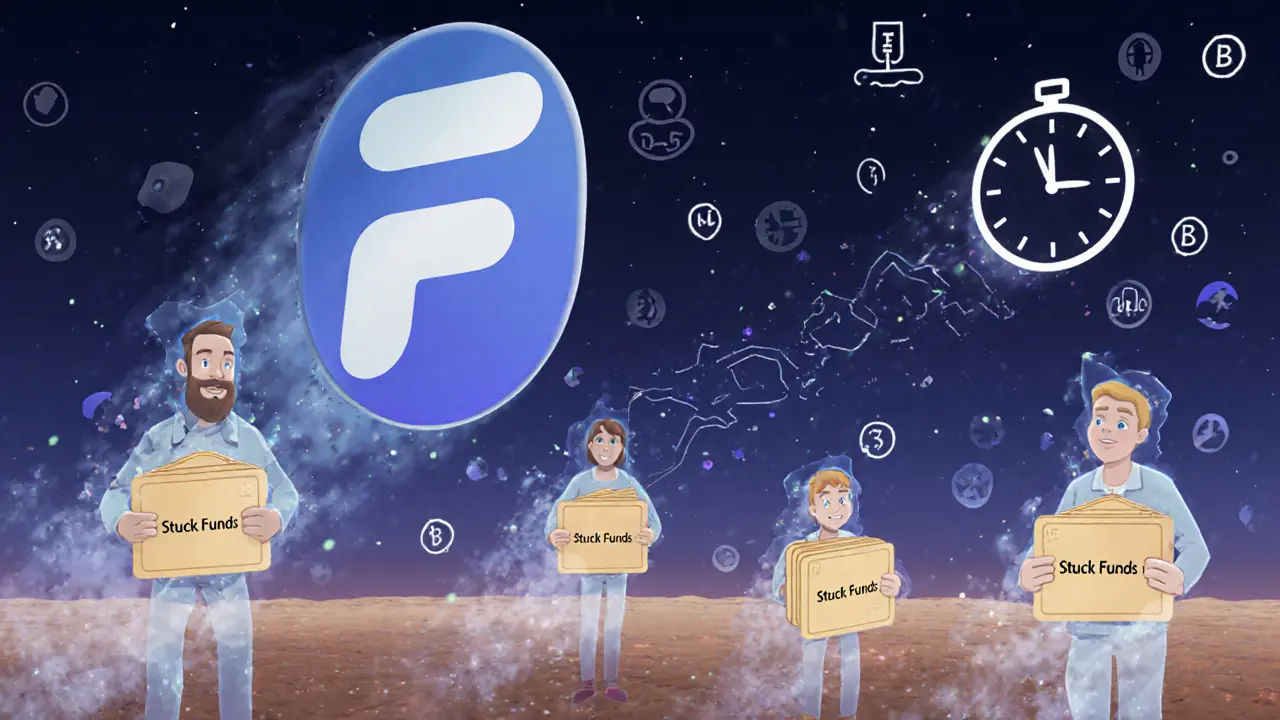 A ghostly Flybit logo floating above an empty digital world with fading users holding stuck crypto wallets.