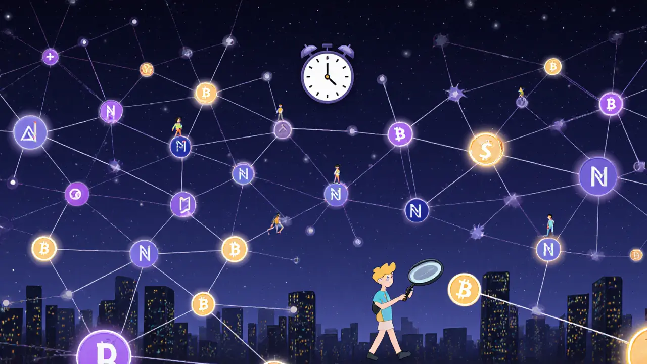 A glowing network of nodes pulses with NIGHT and DUST tokens as users solve puzzles at night.