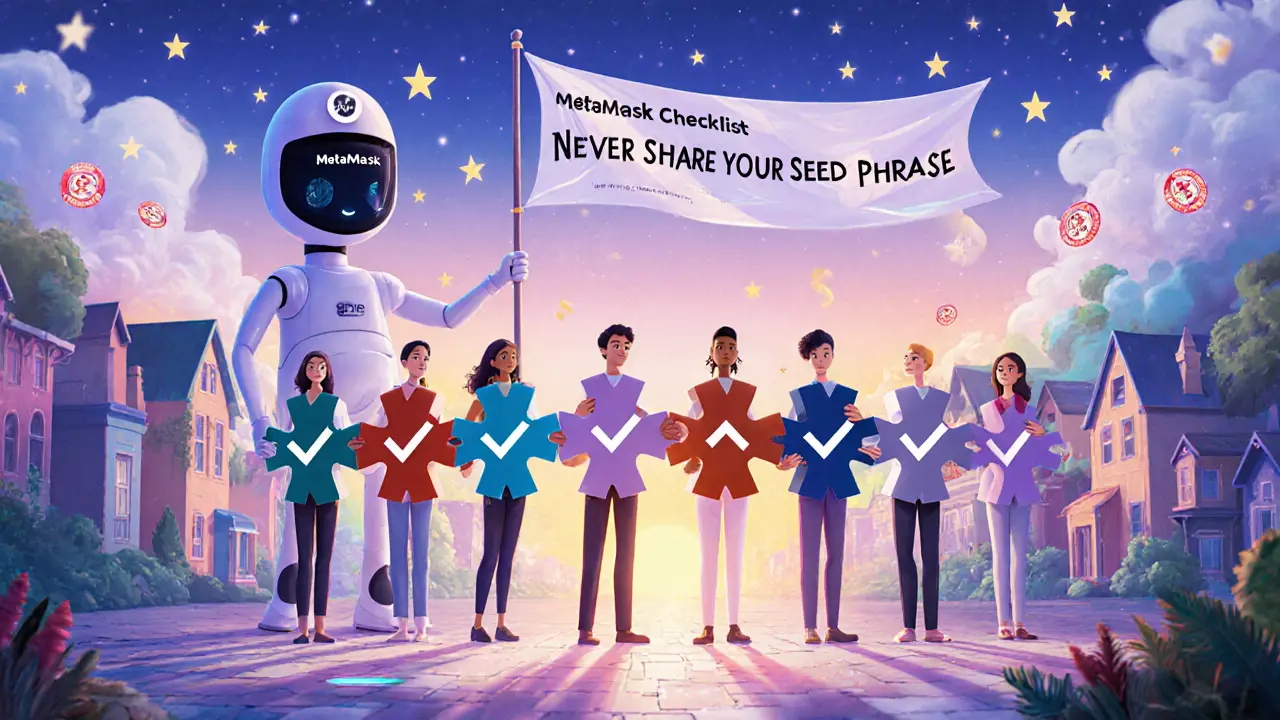 A group of users building a protective barrier with the seven-step crypto safety checklist.