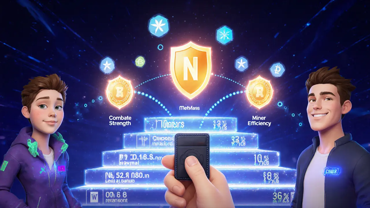 A hand connecting a wallet to a holographic NBOX interface with tiered N-Guard NFTs glowing above a referral chain of friends.