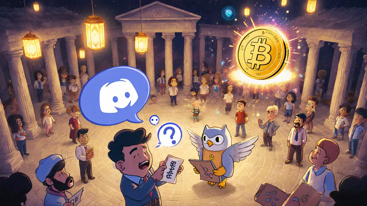 A magical Greek marketplace filled with animated avatars and an AI owl advisor helping a new user with a 0 ETH token.