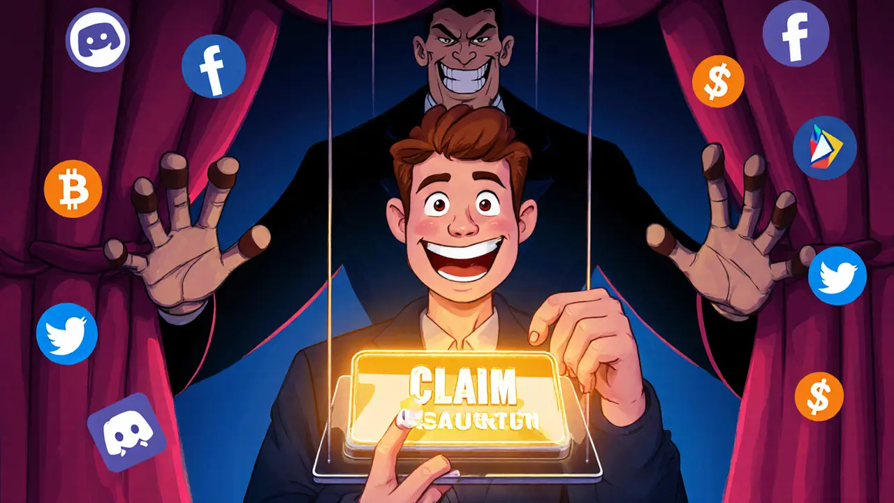 A person clicking a fake HUSL airdrop button while shadowy hands drain their wallet behind them.