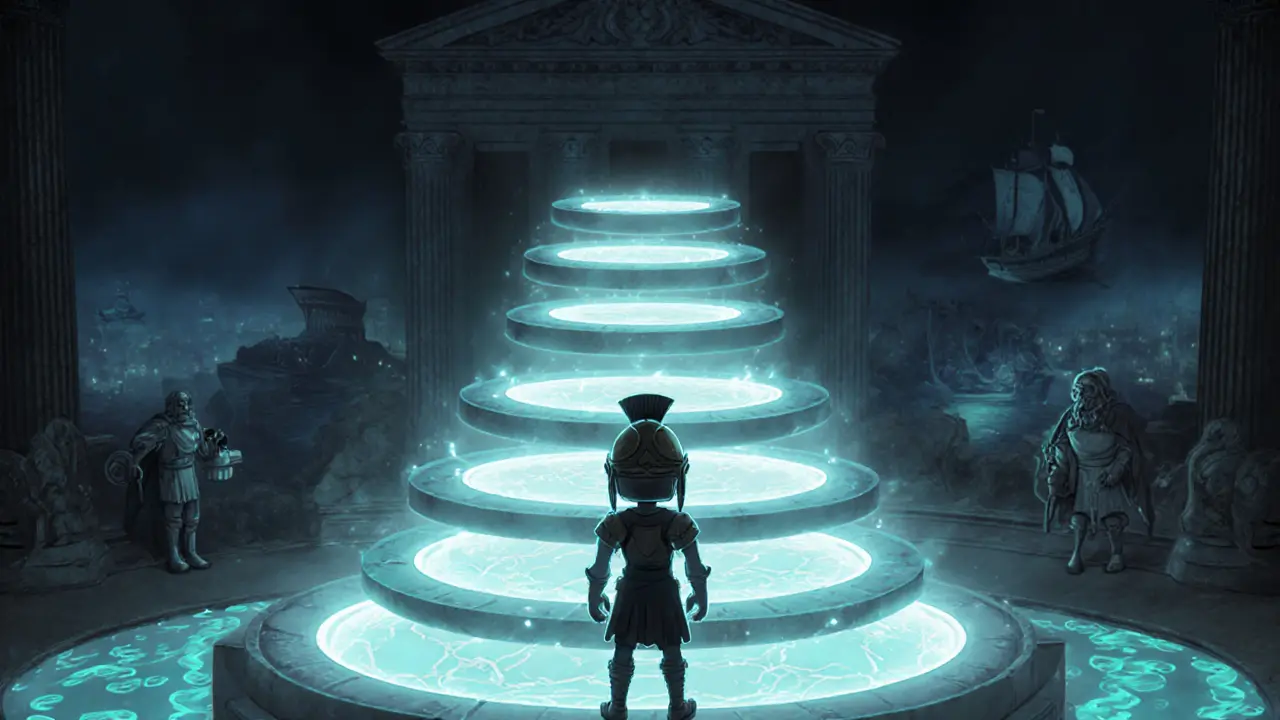 A player in a Greek helmet stands before a seven-level Senate chamber as a raid looms, with liquidity pools pulsing beneath.