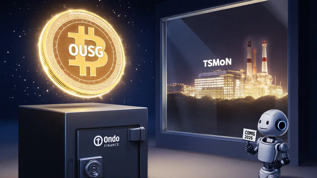 A real tokenized asset glowing beside a distant TSMC factory marked &#039;Coming 2026&#039;, illustrating future potential.