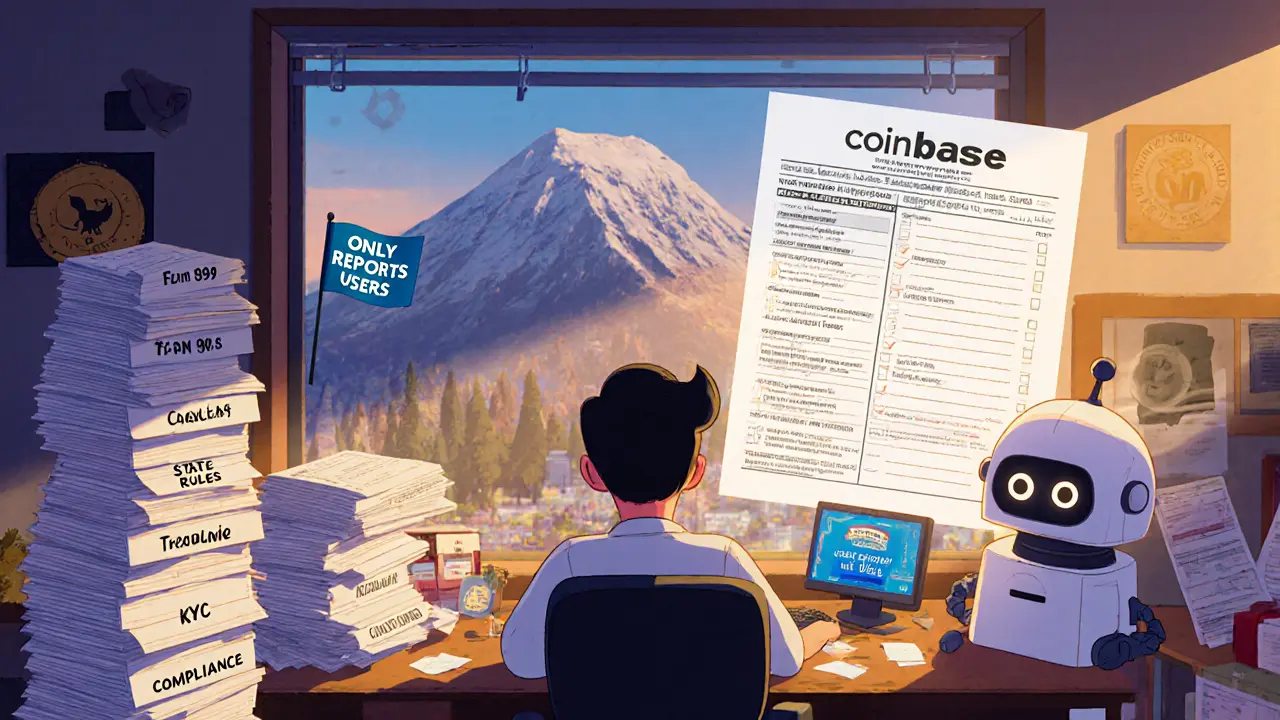 A stressed entrepreneur juggling U.S. crypto compliance documents with a helpful robot assistant.