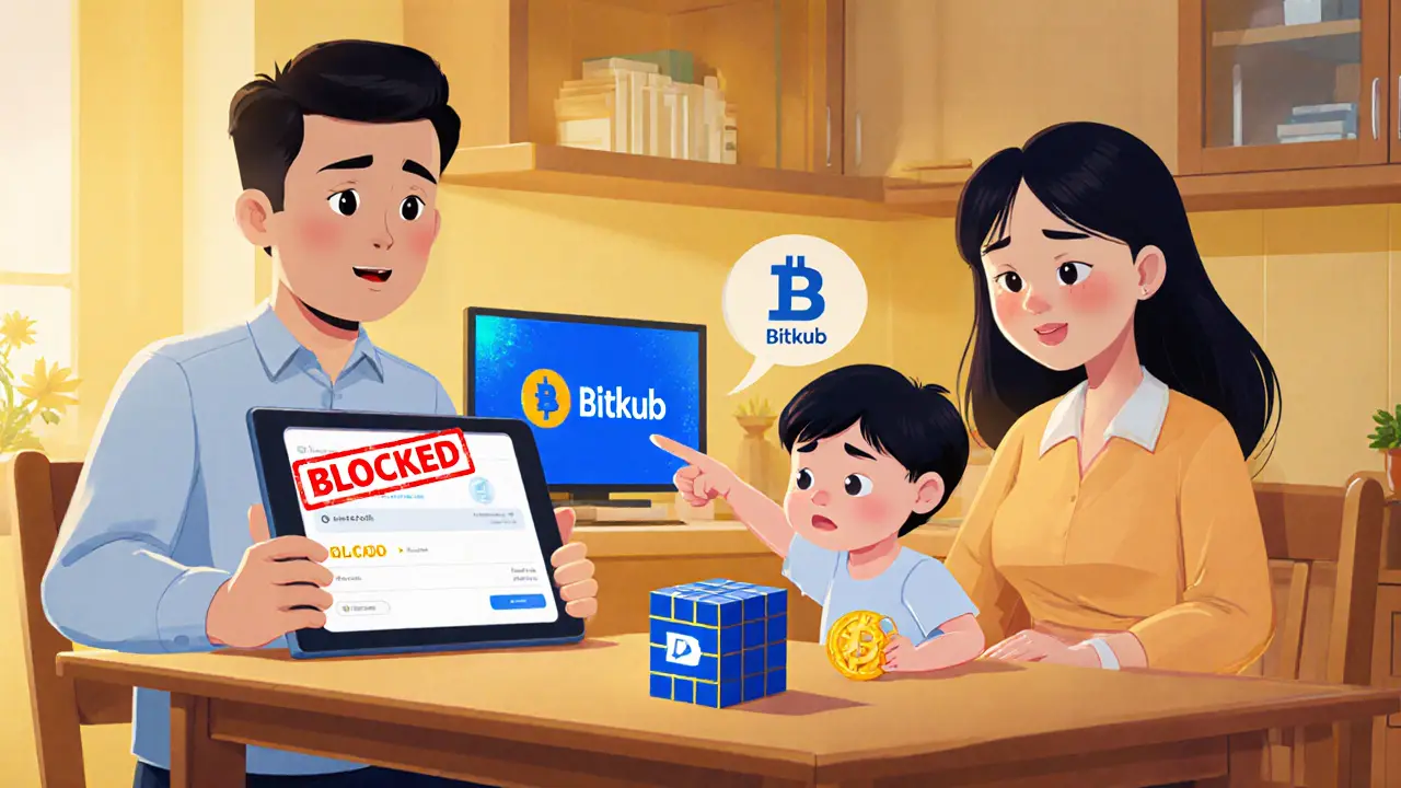 A Thai family at dinner, one parent showing a blocked crypto account, another pointing to a licensed exchange on a tablet.