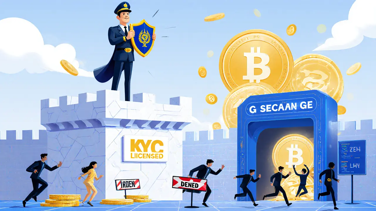 A Thai SEC hero standing on a fortress of compliance, chasing shadowy crypto scammers away from licensed exchanges.