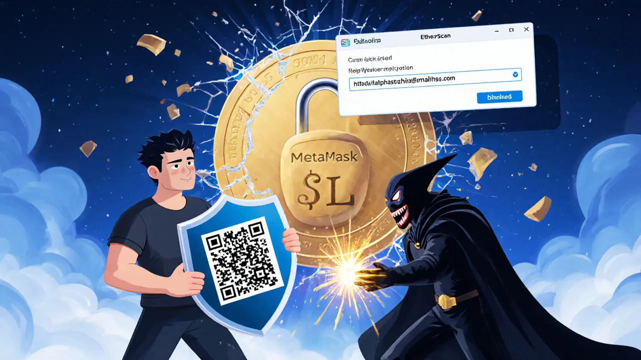A user defending against a phishing villain with a shield and verified wallet address.