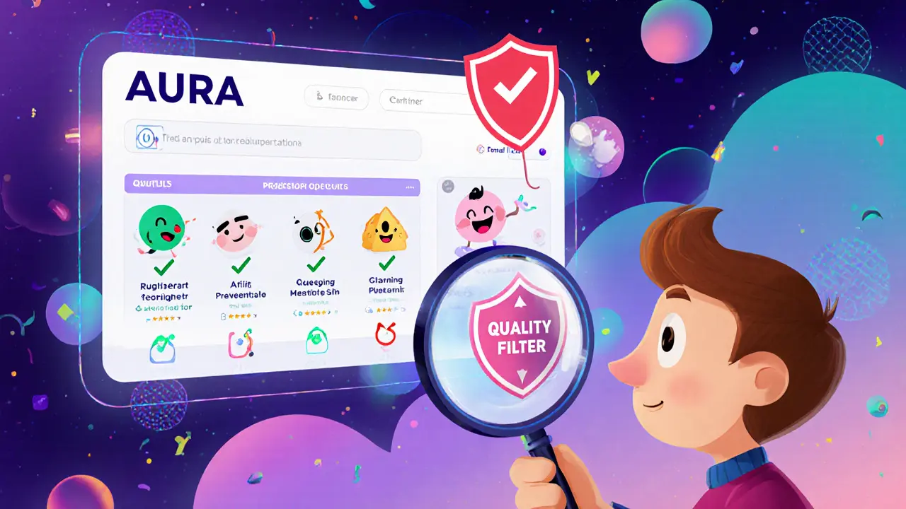A user examining a personalized AURA dashboard with project recommendations and quality filters.