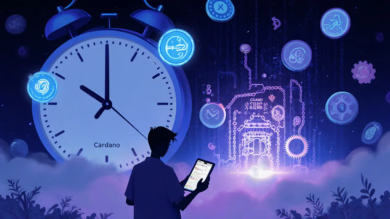 A user watching a countdown as unclaimed tokens fade away and a puzzle lights up nearby.