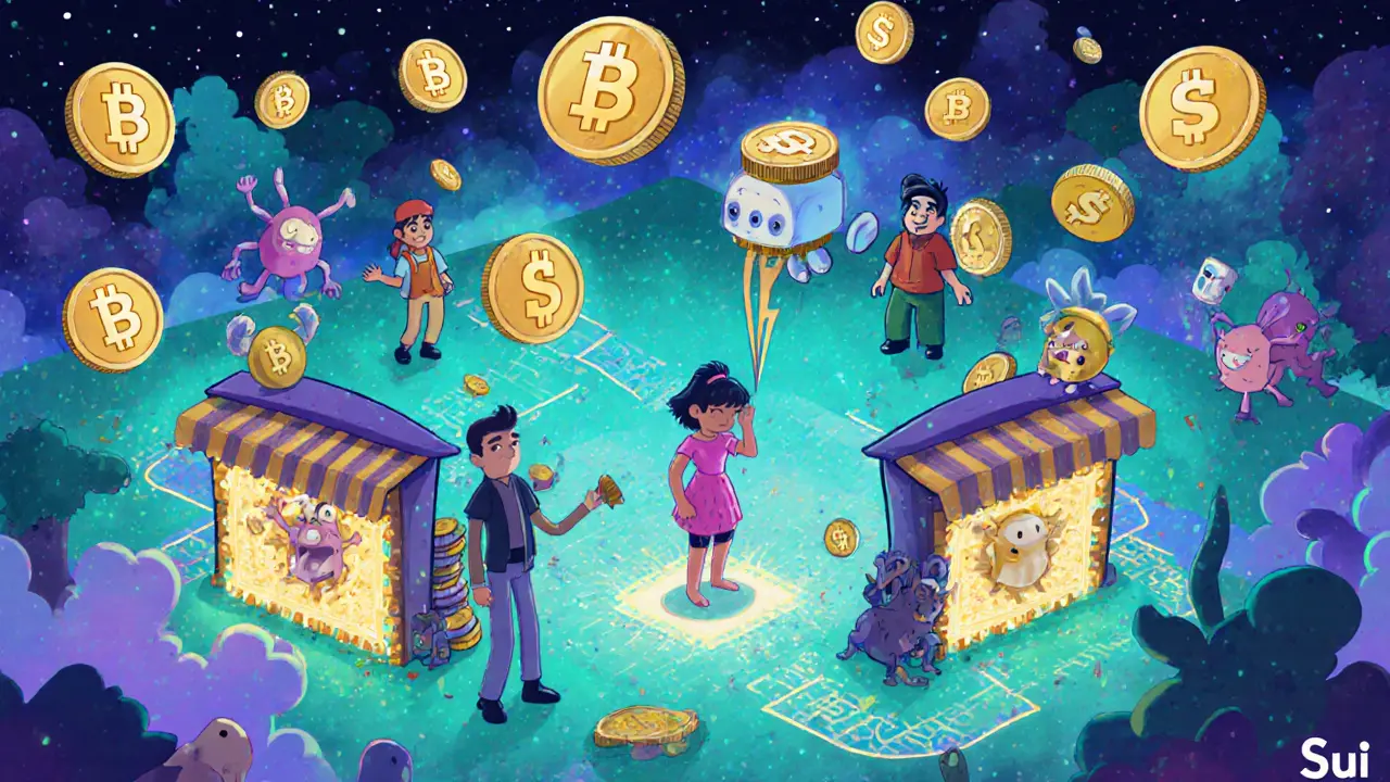 A whimsical crypto marketplace where traders exchange monster-shaped tokens in a glowing digital world.