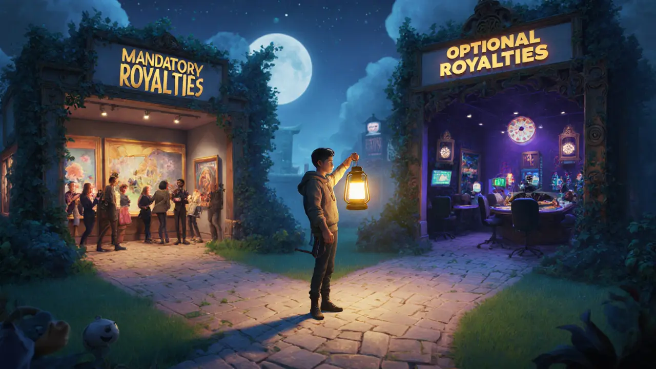 An artist at a crossroads, choosing between a vibrant art community and a hollow trading casino, symbolizing royalty choices.