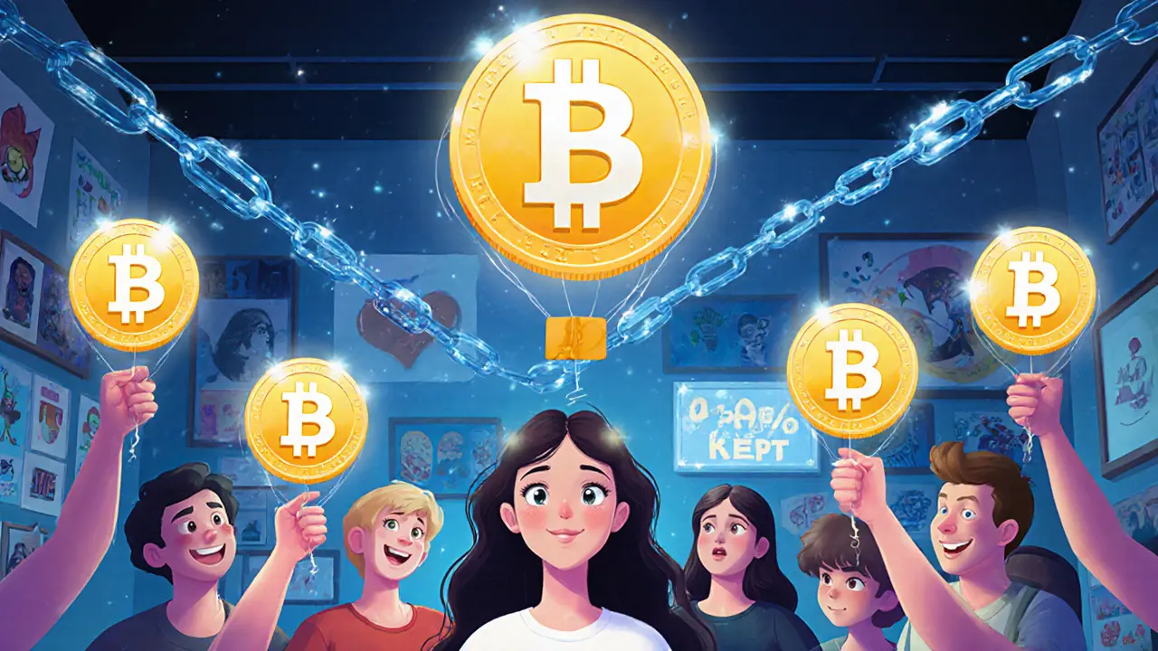 An artist surrounded by fans whose loyalty boosts glowing creator coins in a shimmering blockchain network.