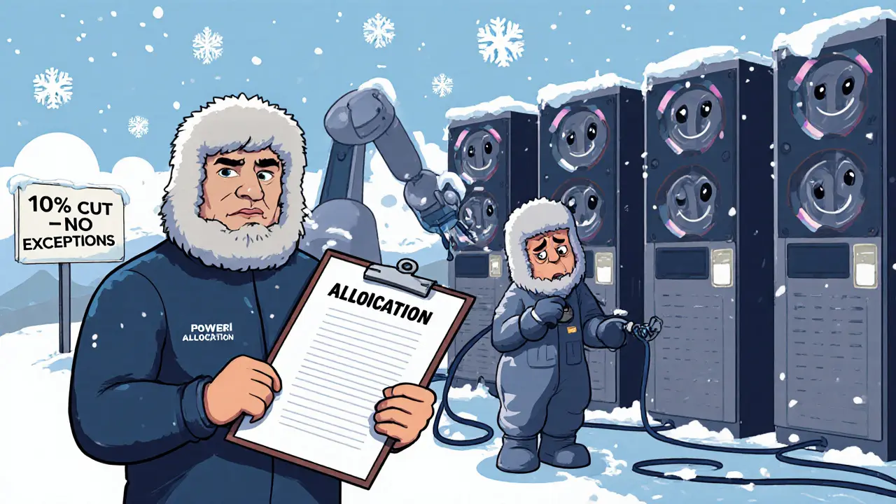 An engineer shuts down cartoonish mining machines with a clipboard, snow falling as power limits are enforced.
