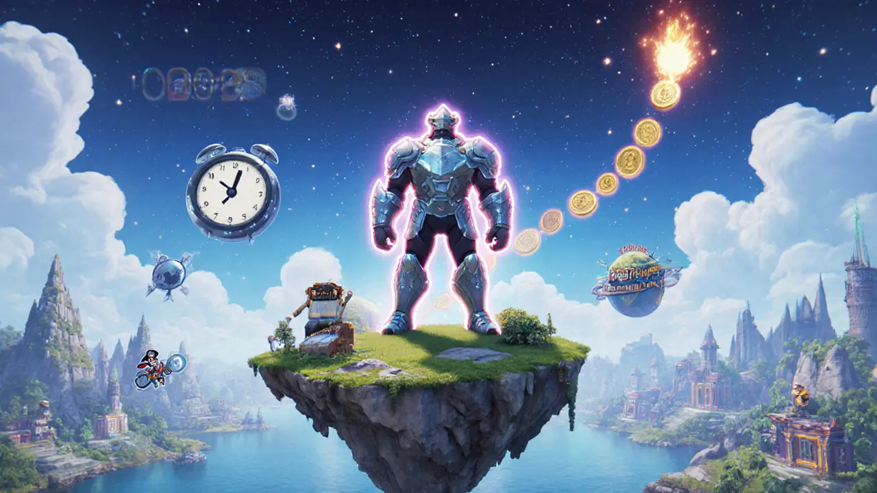 An Epic N-Guard NFT on a floating island overlooking future game worlds, with a countdown to December 15, 2025, and tokens turning into stars.