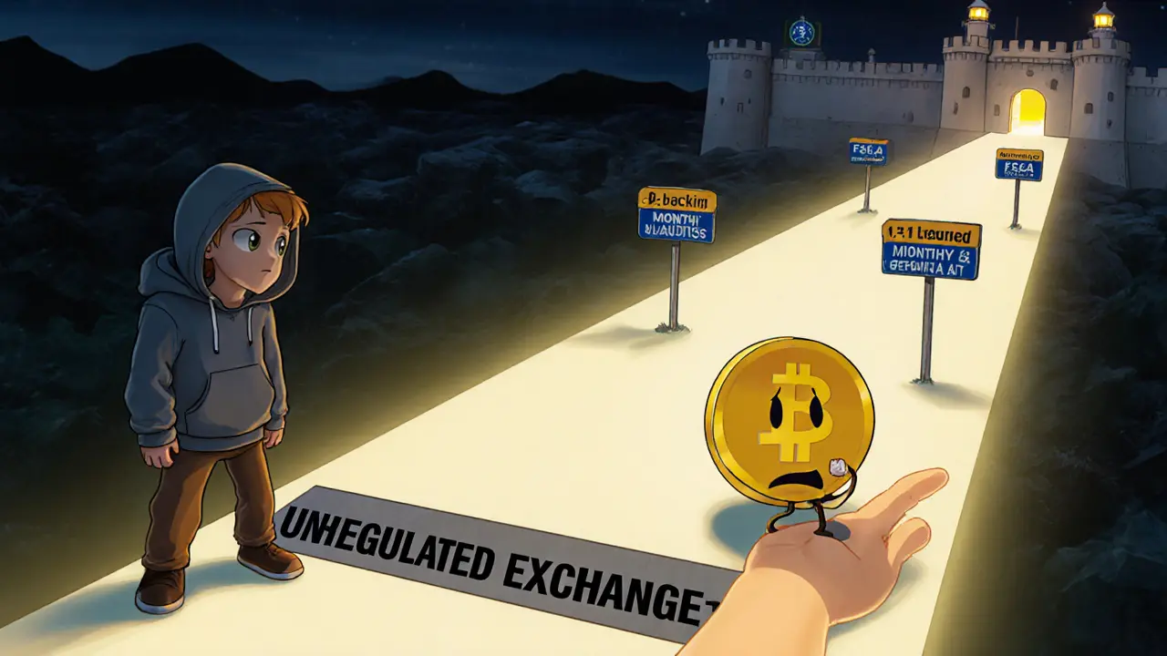 An investor choosing between a dangerous unregulated bridge and a safe path to licensed crypto protection.