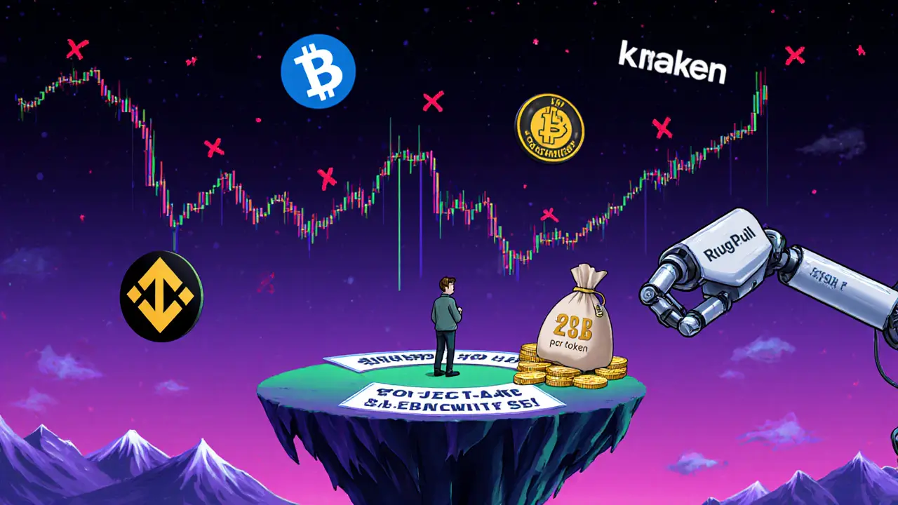 An investor stands on a <h2>No one trusts it - not even the exchanges</h2> market cap platform as fake price charts rise absurdly high, while major exchanges display red X marks.