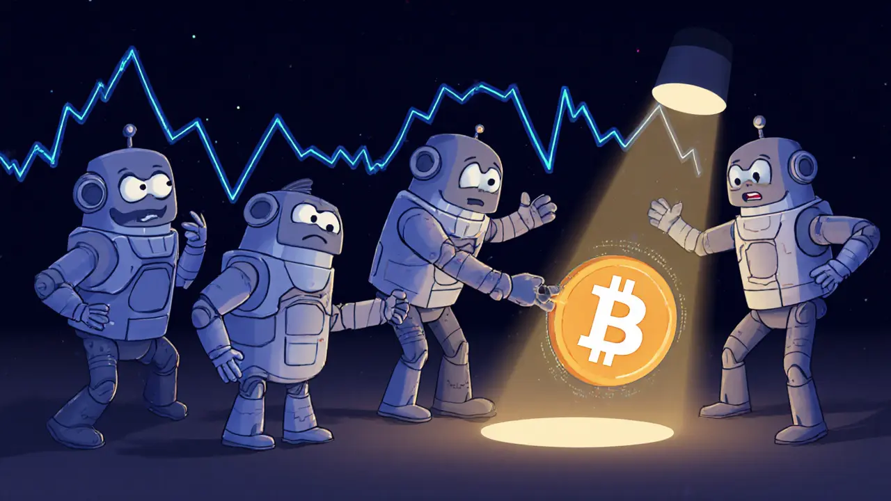 Cartoon bots trying to front-run a trade but blocked by invisible encryption paths.