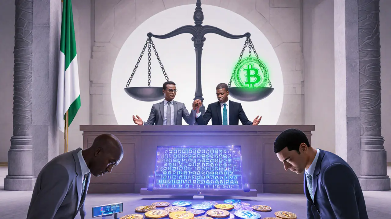 CBN and SEC jointly oversee a glowing blockchain ledger, symbolizing regulated crypto adoption in Nigeria.