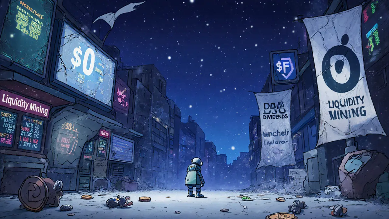 Deserted digital marketplace with abandoned JF tokens and <h2>Is JF Still Worth Anything?</h2> price screens under twilight.