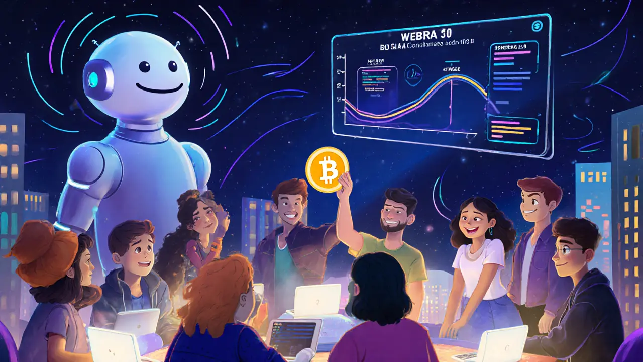 Developers at a night-time hackathon celebrating prizes, with AURA&#039;s roadmap glowing in the sky.