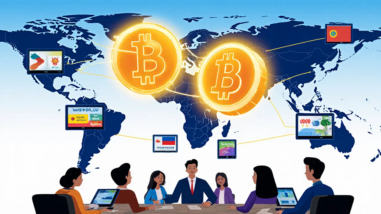 Digital boliviano and Bitcoin shaking hands over a map linking Bolivia to neighboring countries, with educational videos in native languages.