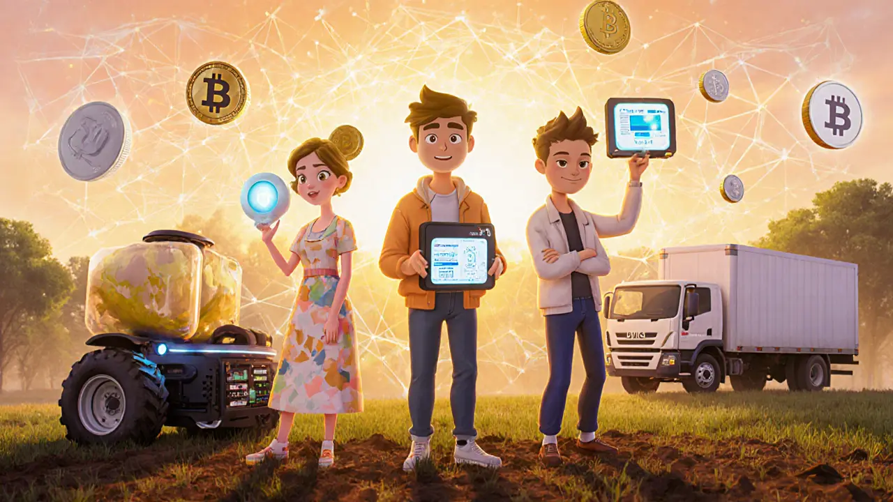 Diverse people with DePIN hardware connect to a digital network powering real-world services.