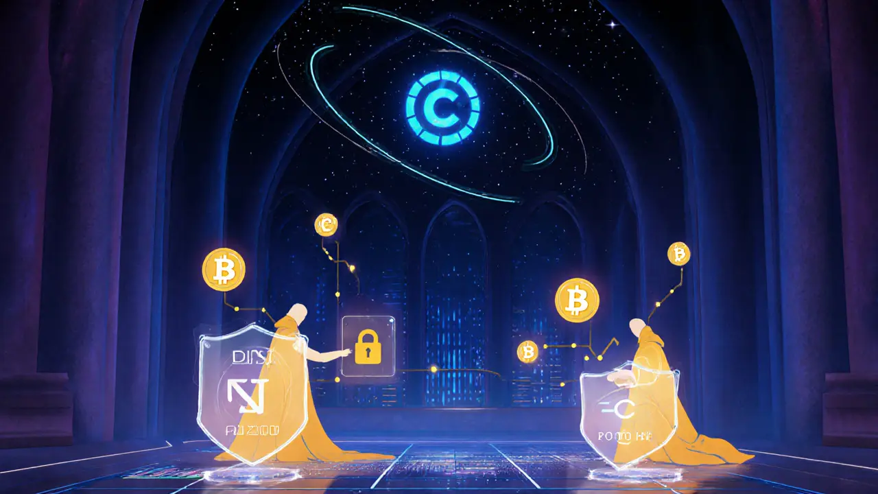 Figures using DUST tokens to create privacy shields over transparent blockchains in a digital cathedral.
