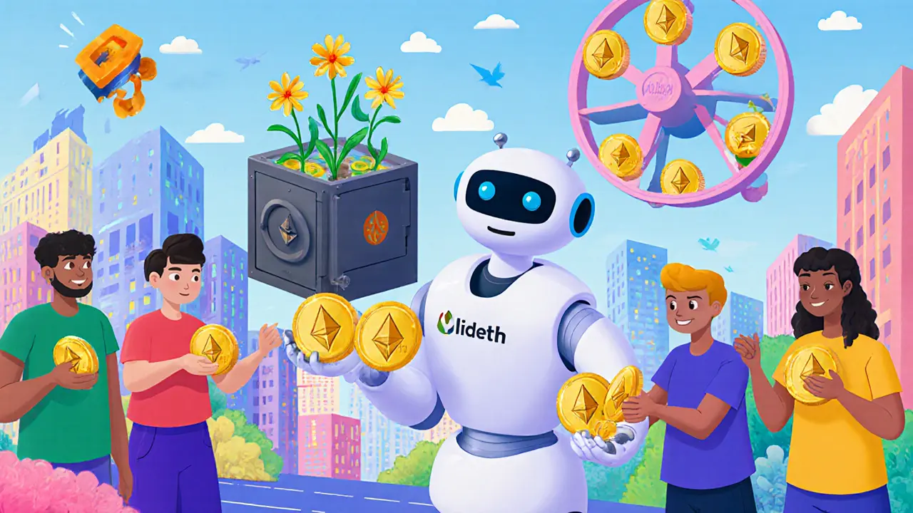 Friendly robot LidoBot turns ETH coins into stETH tokens for smiling users, while DeFi apps glow around them in a colorful blockchain city.