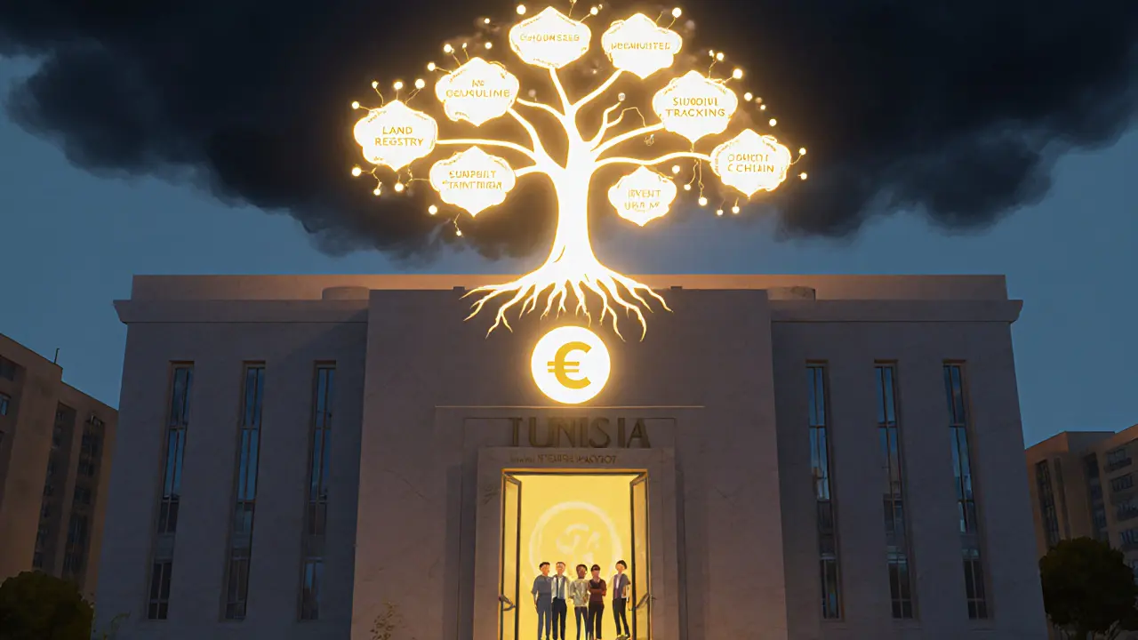Glowing blockchain tree with allowed applications, rooted in chains labeled &#039;NO CRYPTO&#039;.