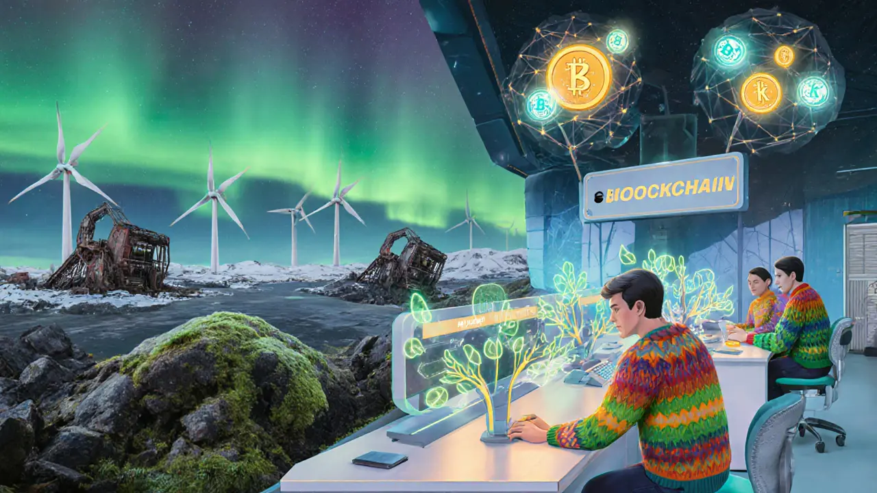 Innovators work with glowing blockchain tech in a sustainable Icelandic hub, replacing old mining rigs with green innovation.
