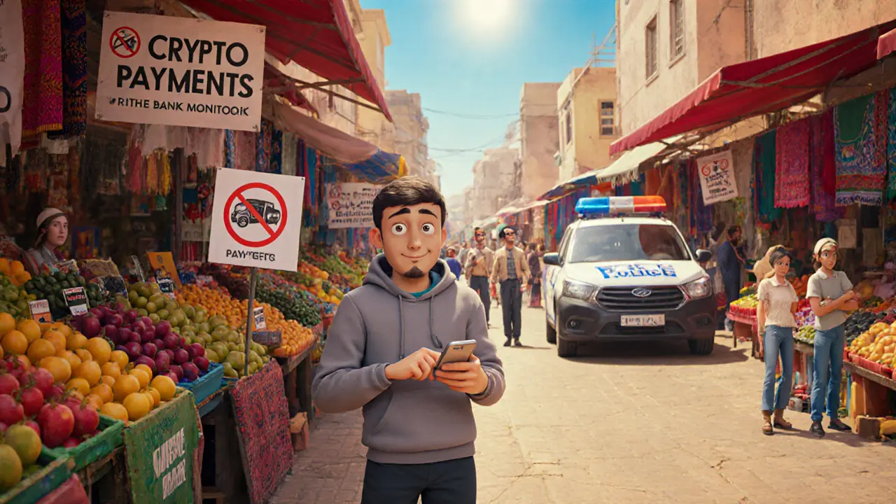 Man using mobile wallet secretly in a Tunisian market while vendors display &#039;No Crypto&#039; signs.