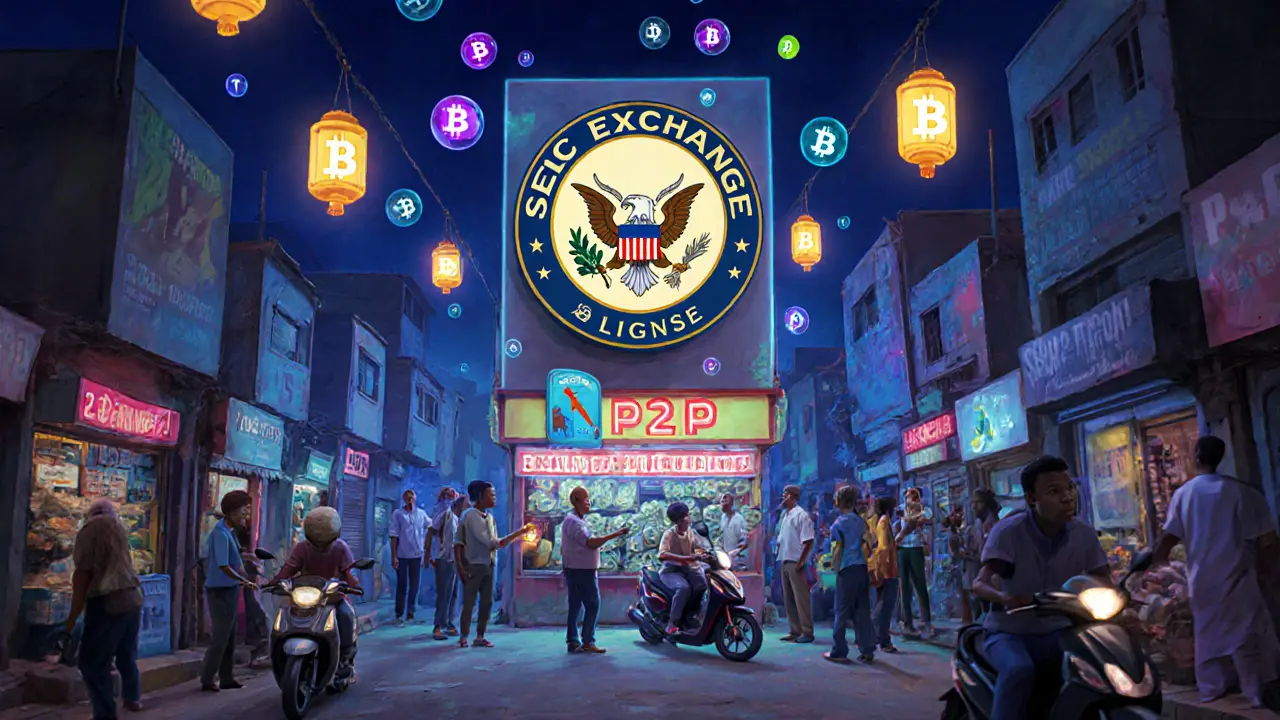 Nighttime Lagos market where traders exchange cash for digital tokens, with glowing P2P bubbles rising into the sky.