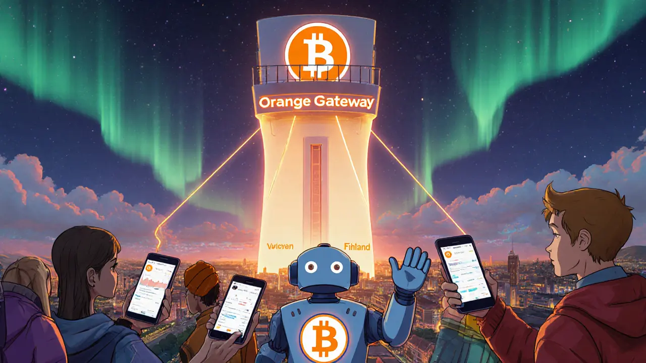 Orange Gateway tower connecting Nordic countries with auroras and a friendly robot mascot.