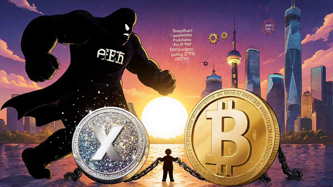 Sparkling stETH and decentralized rETH tokens face off as a centralization shadow looms, with a rising Shanghai Upgrade sun illuminating yield stacks.