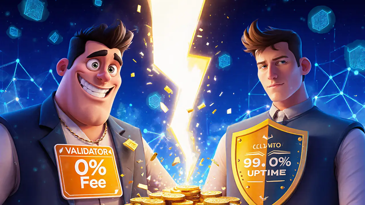 Split scene: a shady validator getting slashed vs. a reliable one glowing safely.