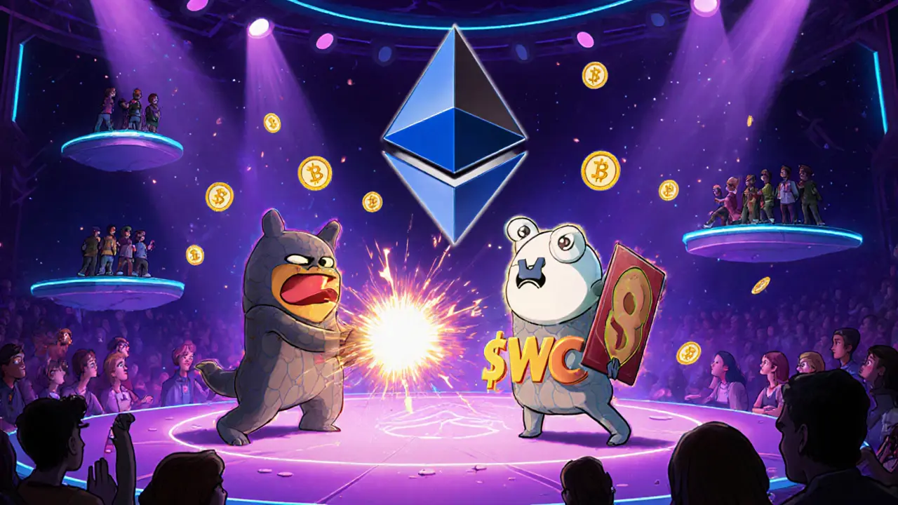 Two animated card characters battling in a neon arena surrounded by floating $WC tokens.