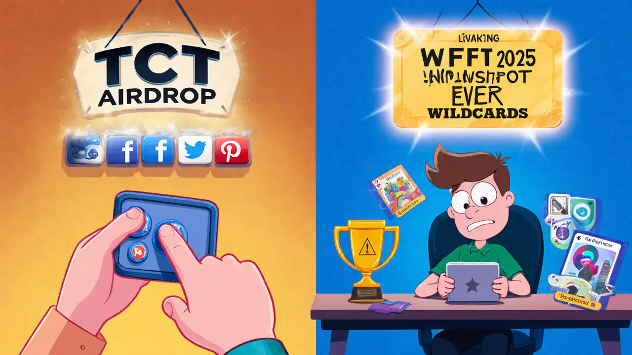 Two contrasting scenes: one person doing social media tasks, another playing a card game with earned NFTs.