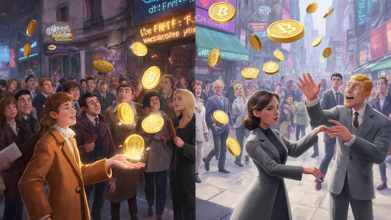 Two groups in an NFT marketplace: one paying royalties to artists, the other ignoring them, with contrasting emotions and colors.