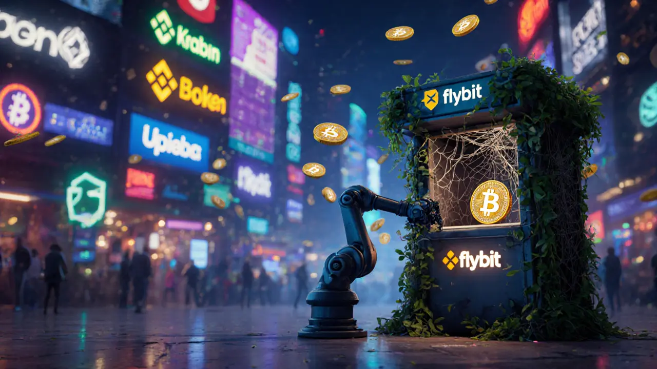 Vibrant modern crypto exchanges bustling with activity while a tiny, overgrown Flybit booth sits abandoned in the corner.